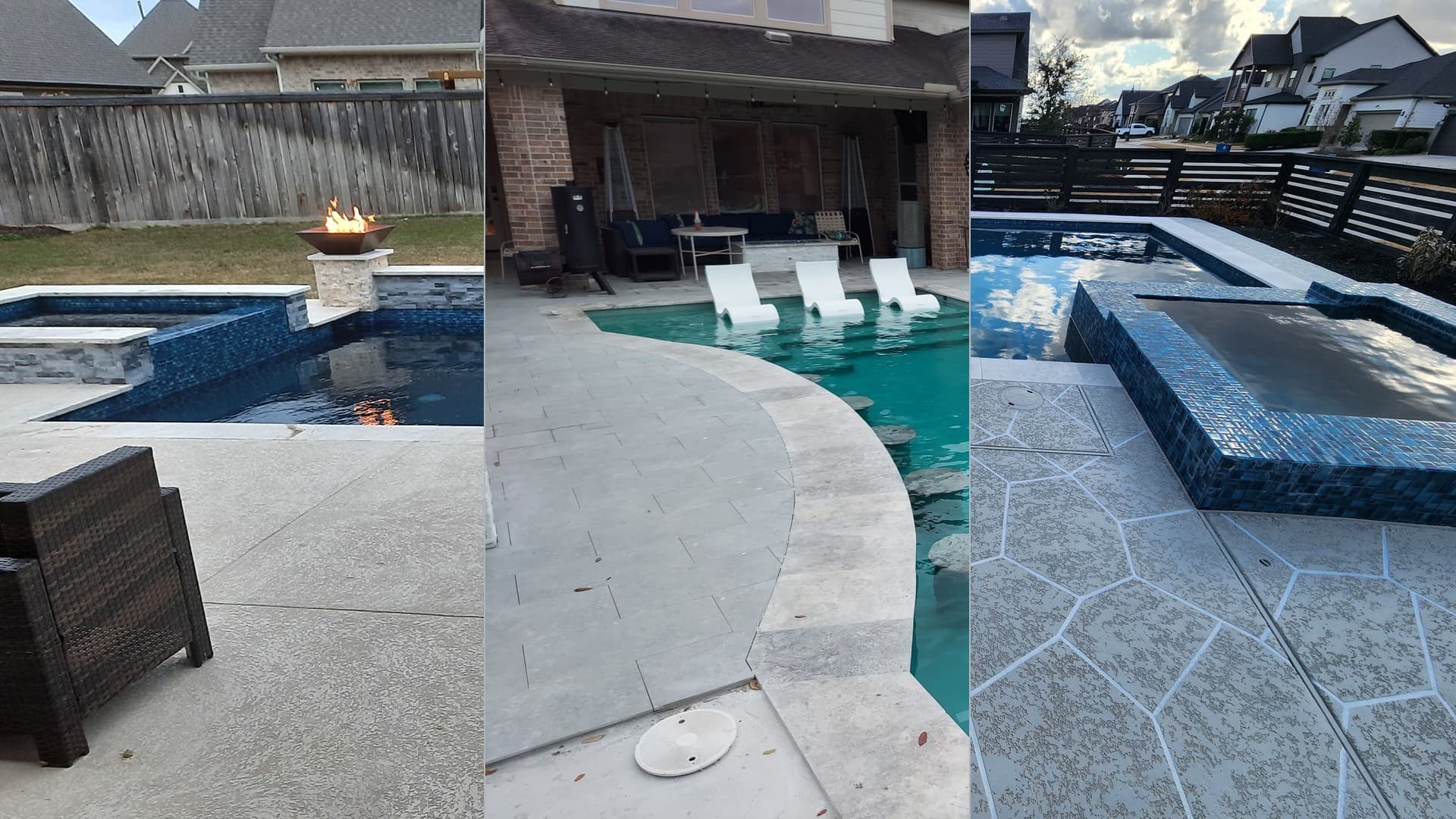 Piscina custom en Bridgeland, TX. Tres obras terminadas de Bridgeland una junto a otra: un spa elevado con un fogonero encendido sobre una banda de mosaico azul y gris al atardecer, una construcción de forma libre con camastros blancos flotando en el agua, y una piscina rectangular con spa de mosaico de vidrio sobre un deck de patrón hexagonal.