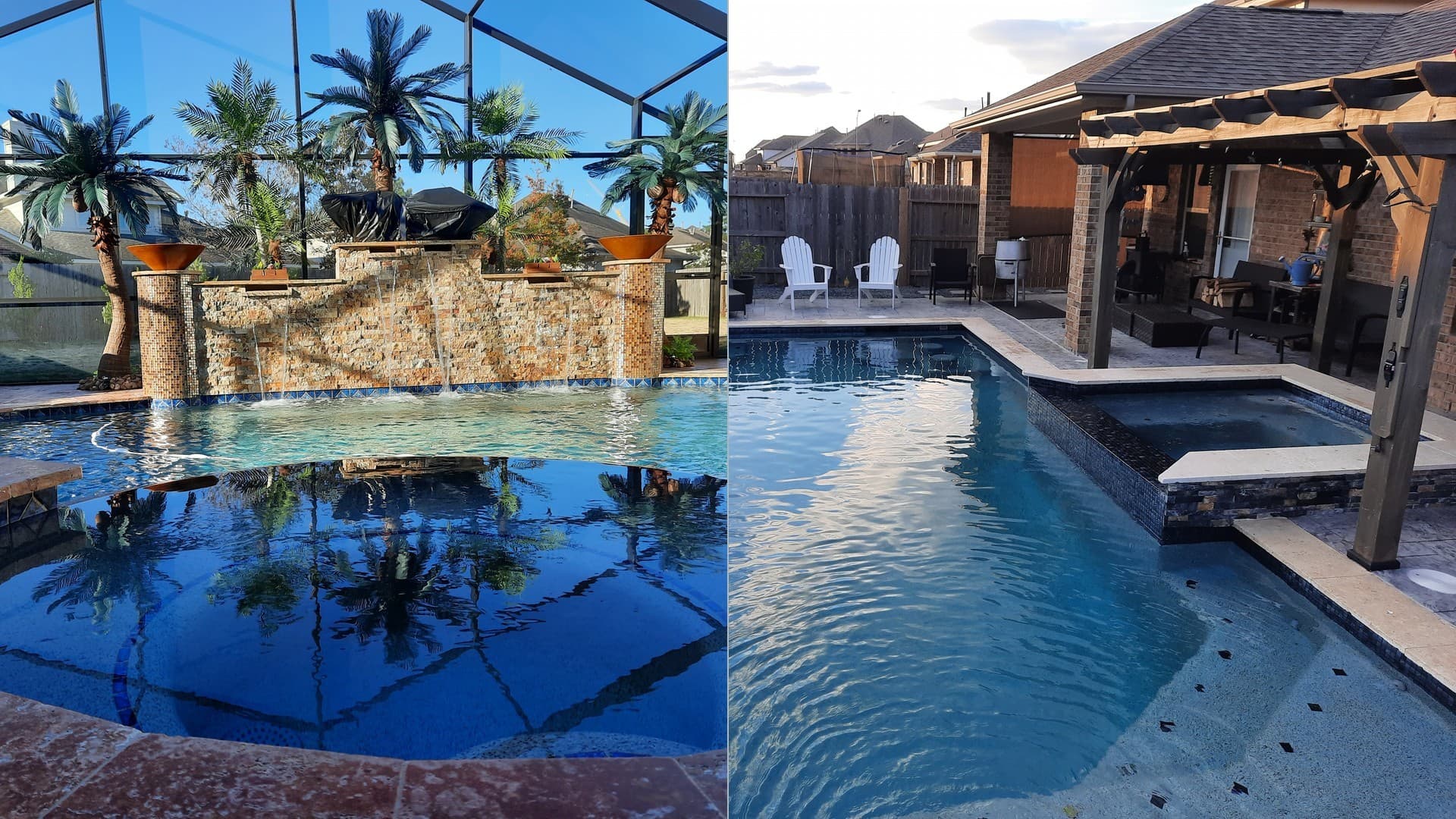Piscina custom en Humble, TX. Dos obras terminadas de Humble una junto a otra: un lanai con malla, palmeras artificiales y un muro cascada ancho de piedra apilada entre dos fogoneros, y una piscina al aire libre con spa de mosaico oscuro y cascada de lámina bajo una pérgola.