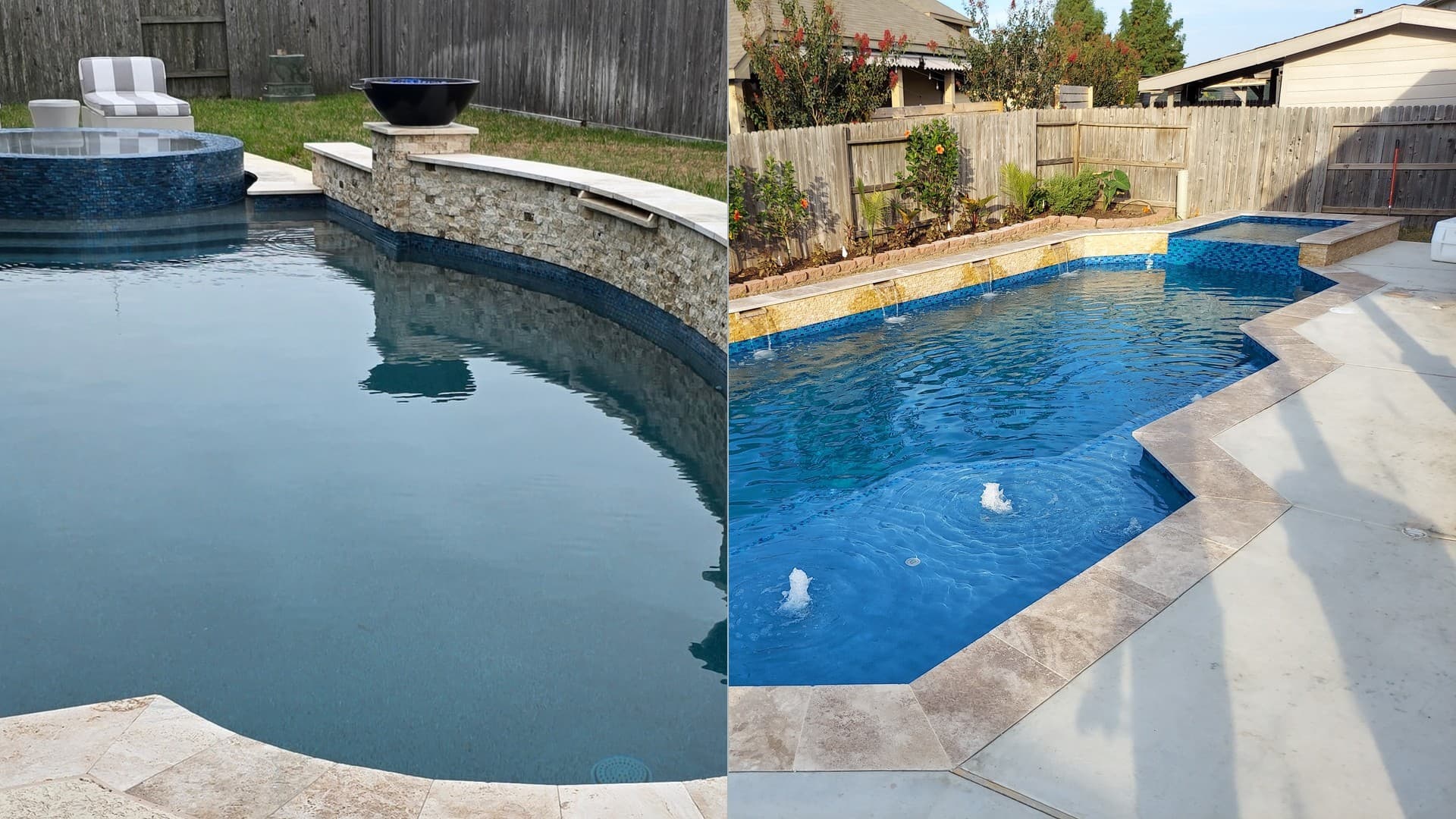 Piscina custom en Katy, TX. Dos obras de Katy una junto a la otra: un spa redondo elevado en mosaico de vidrio azul junto a un muro curvo de piedra apilada con dos fogoneros, y una segunda piscina con esquinas griegas y su propio spa de mosaico con muro cascada.