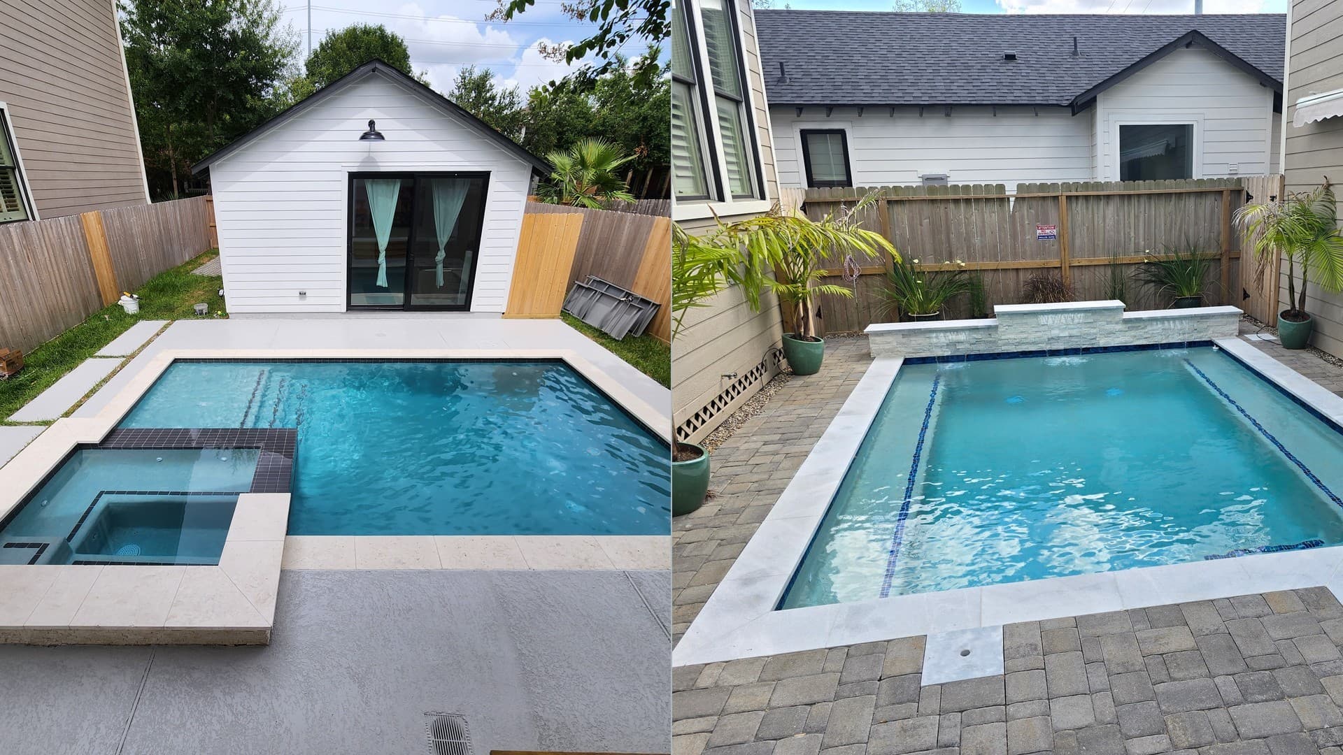 Piscina custom en The Heights, TX. Dos obras terminadas de The Heights una junto a otra: una construcción rectangular compacta junto a un estudio independiente con puerta corrediza de vidrio, y una lap pool enmarcada por un muro de piedra apilada con agua vertiendo hacia ella, palmeras en macetas junto a la cerca.