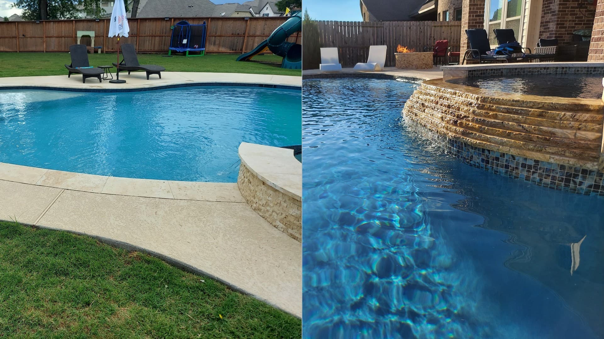 Piscina custom en Towne Lake, TX. Dos obras terminadas de Towne Lake una junto a otra: una piscina en forma de riñón con un set de juegos y camastros junto al agua, y una construcción de forma libre con un ancho muro de cascada en lámina que vierte hacia ella.